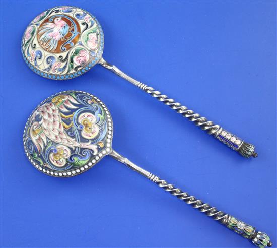 Two late 19th/early 20th century 88 zolotnik and cloisonne enamel spoons by Alexander Lubavin,